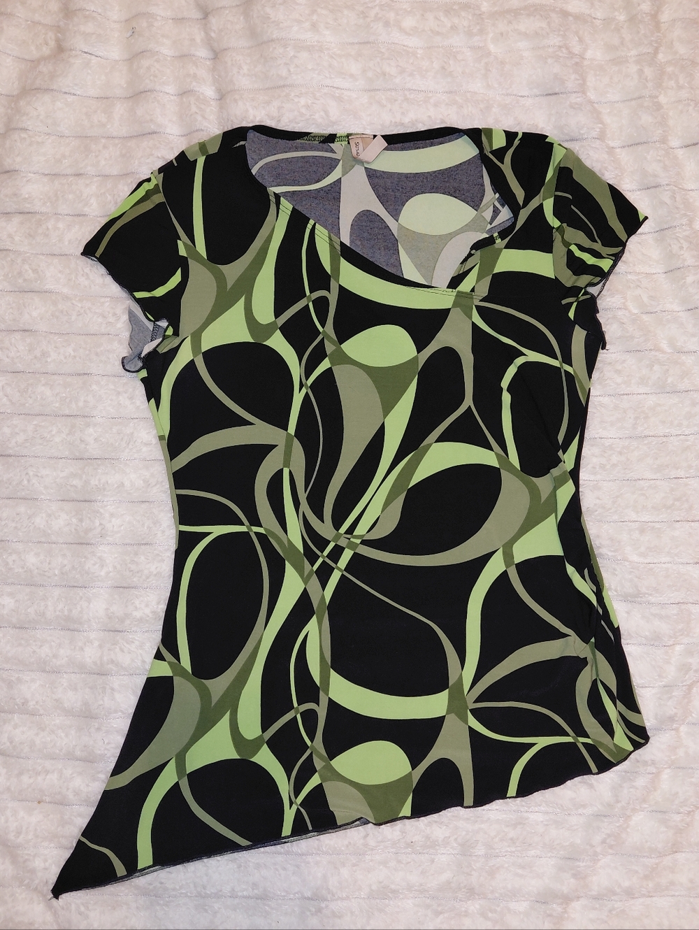 Y2K Asymmetrical Green Black Slinky Swirl Patterned Blouse